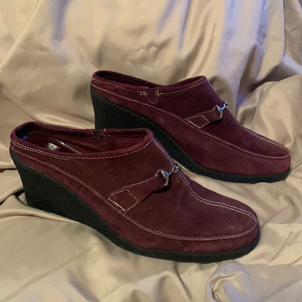 Burgundy Suede Wedge Mules